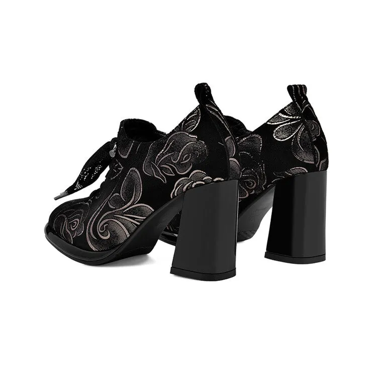 Women's Floral Print Sheepskin Block Heel Pumps Y2712