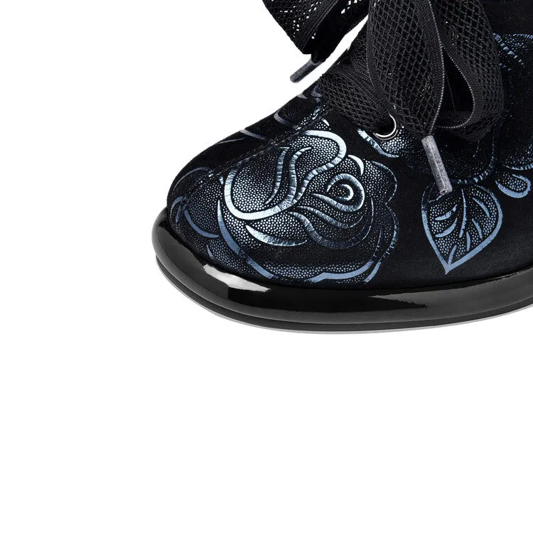 Women's Floral Print Sheepskin Block Heel Pumps Y2712