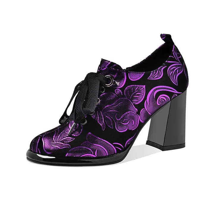 Women's Floral Print Sheepskin Block Heel Pumps Y2712