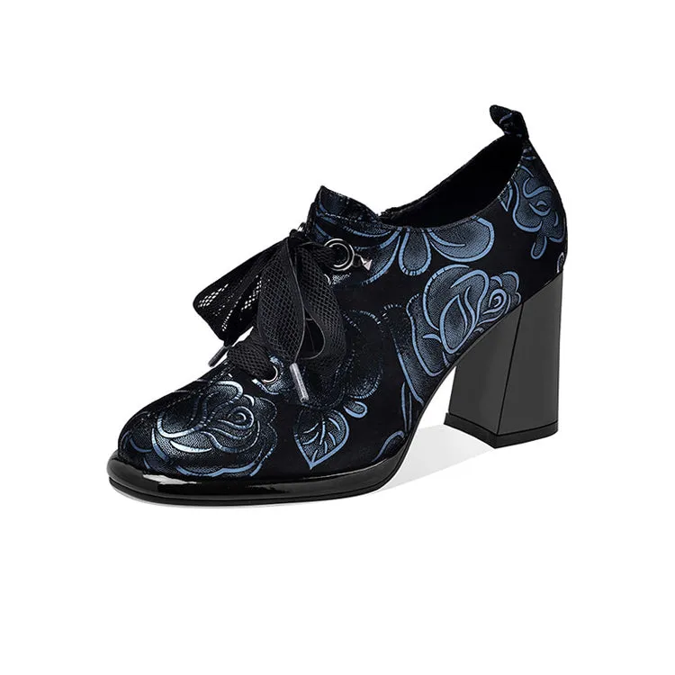 Women's Floral Print Sheepskin Block Heel Pumps Y2712