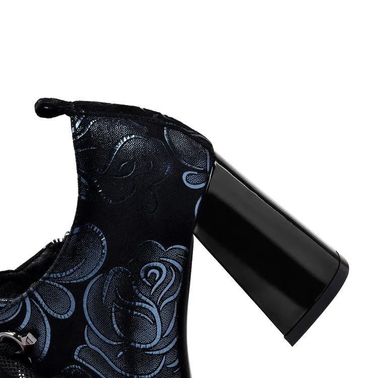 Women's Floral Print Sheepskin Block Heel Pumps Y2712