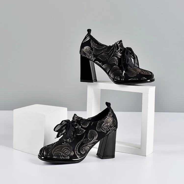 Women's Floral Print Sheepskin Block Heel Pumps Y2712