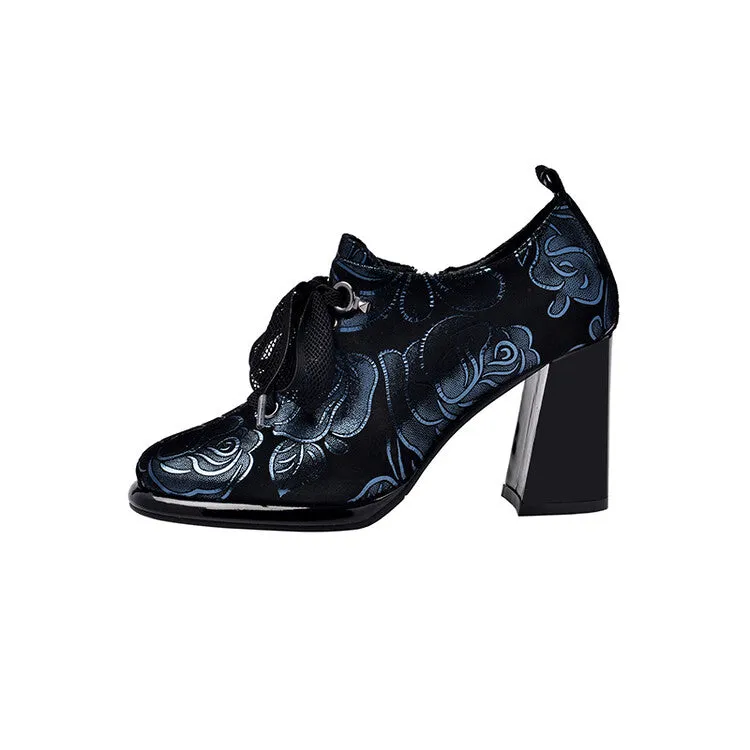 Women's Floral Print Sheepskin Block Heel Pumps Y2712