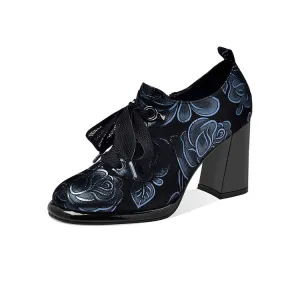 Women's Floral Print Sheepskin Block Heel Pumps Y2712