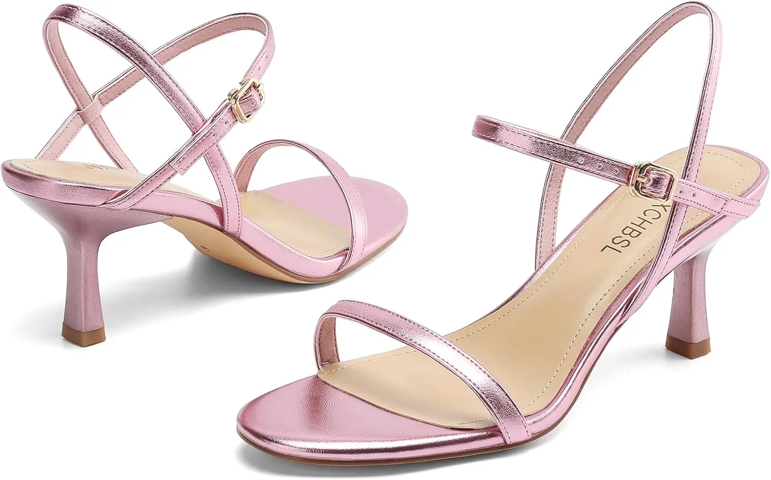 Women's Heels Round Open Toe Strappy Sandals Adjustable Ankle Strap Dress Shoes Kitten Heels for Party Wedding
