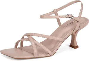Women's Kitten Heels Strappy Square Open Toe Heels for Women Mid Ankle Strap Heeld Sandals