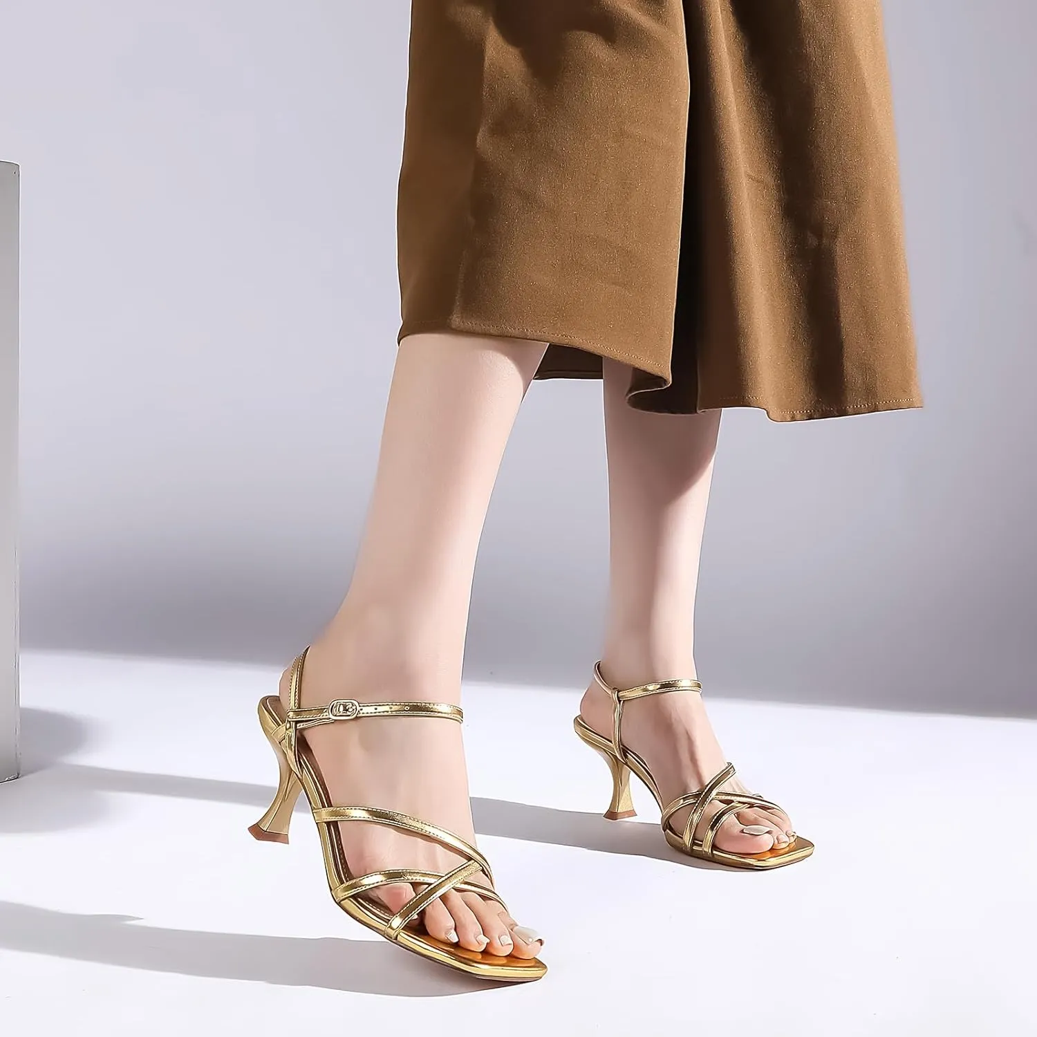 Women's Kitten Heels Strappy Square Open Toe Heels for Women Mid Ankle Strap Heeld Sandals