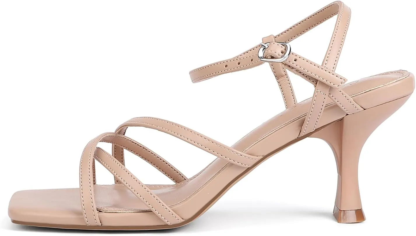 Women's Kitten Heels Strappy Square Open Toe Heels for Women Mid Ankle Strap Heeld Sandals
