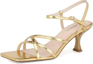 Women's Kitten Heels Strappy Square Open Toe Heels for Women Mid Ankle Strap Heeld Sandals