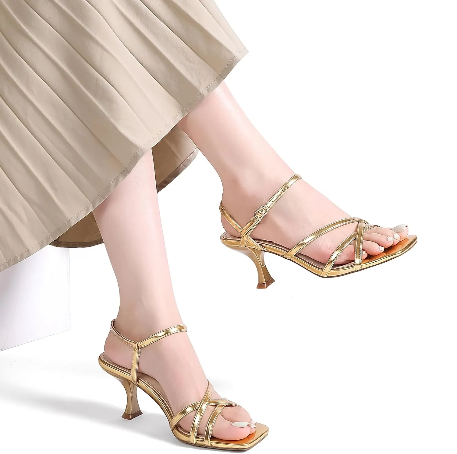 Women's Kitten Heels Strappy Square Open Toe Heels for Women Mid Ankle Strap Heeld Sandals