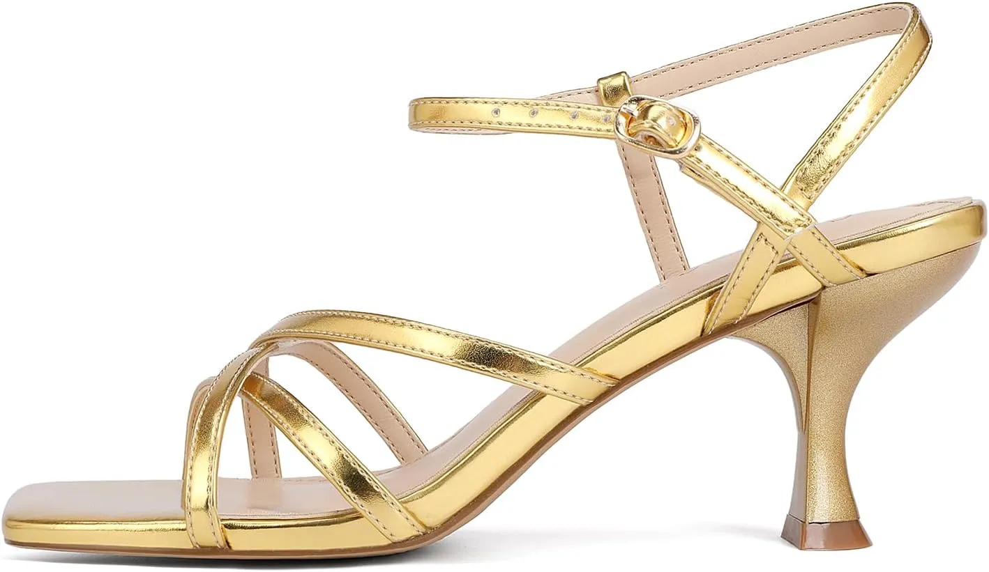 Women's Kitten Heels Strappy Square Open Toe Heels for Women Mid Ankle Strap Heeld Sandals
