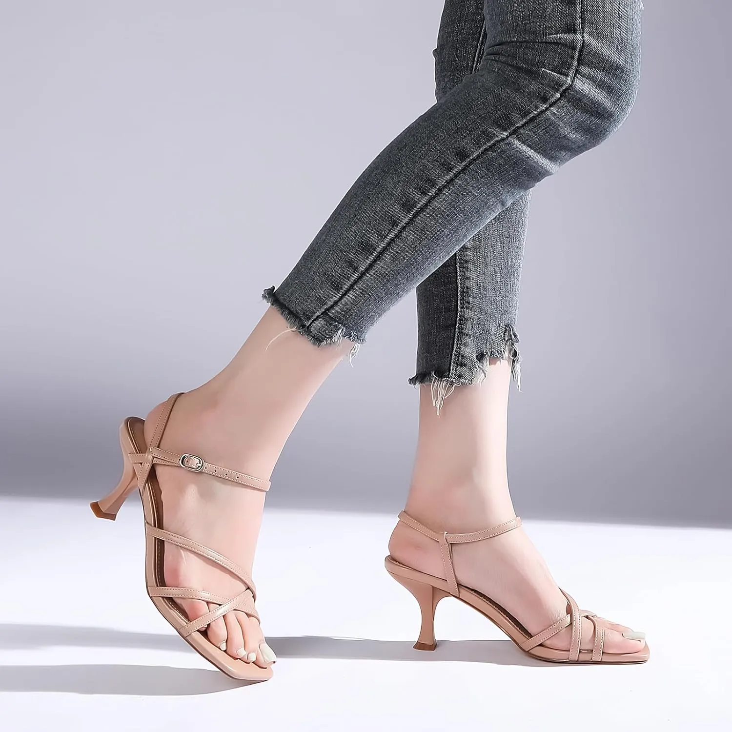 Women's Kitten Heels Strappy Square Open Toe Heels for Women Mid Ankle Strap Heeld Sandals