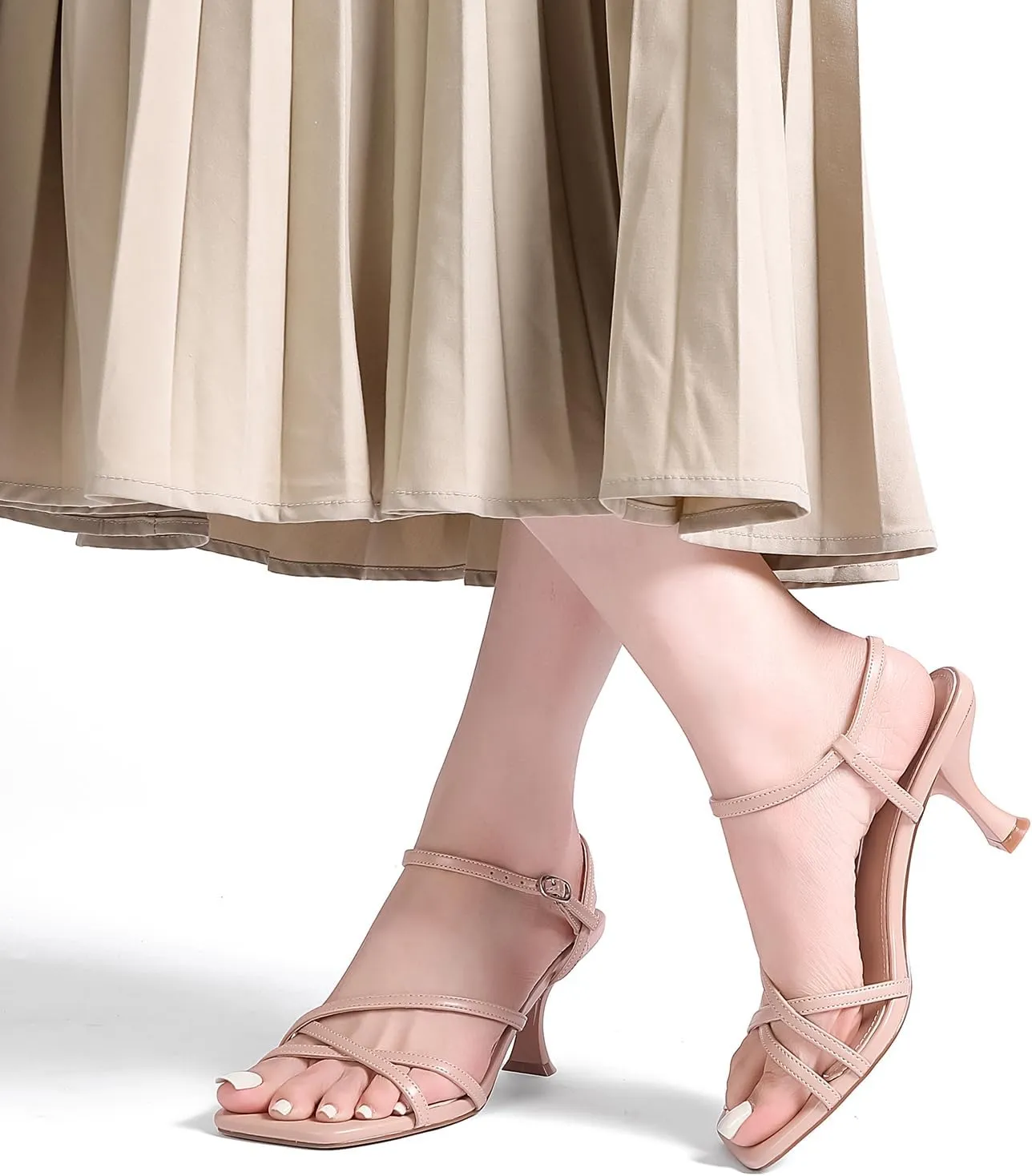 Women's Kitten Heels Strappy Square Open Toe Heels for Women Mid Ankle Strap Heeld Sandals