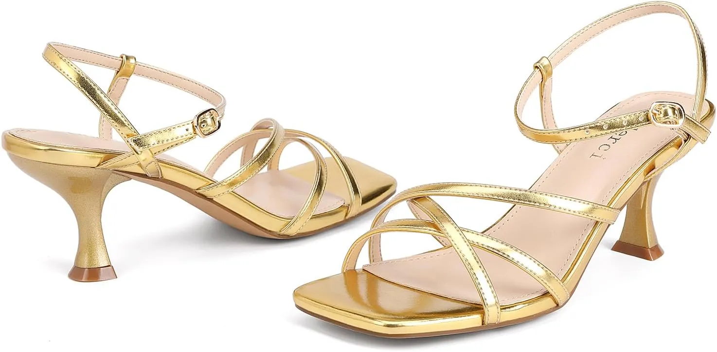 Women's Kitten Heels Strappy Square Open Toe Heels for Women Mid Ankle Strap Heeld Sandals