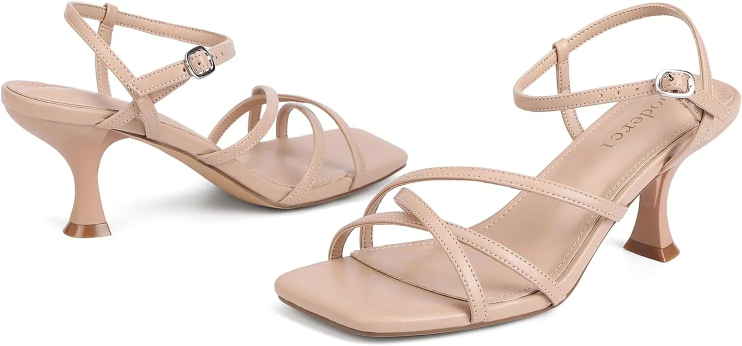 Women's Kitten Heels Strappy Square Open Toe Heels for Women Mid Ankle Strap Heeld Sandals