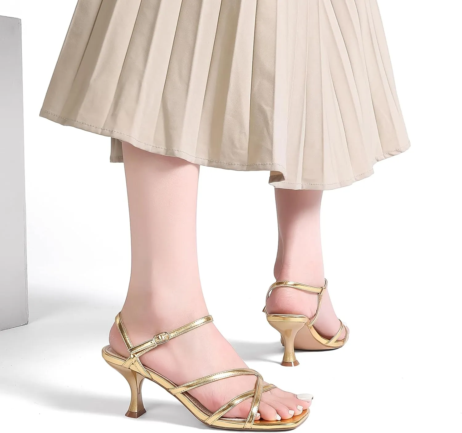 Women's Kitten Heels Strappy Square Open Toe Heels for Women Mid Ankle Strap Heeld Sandals