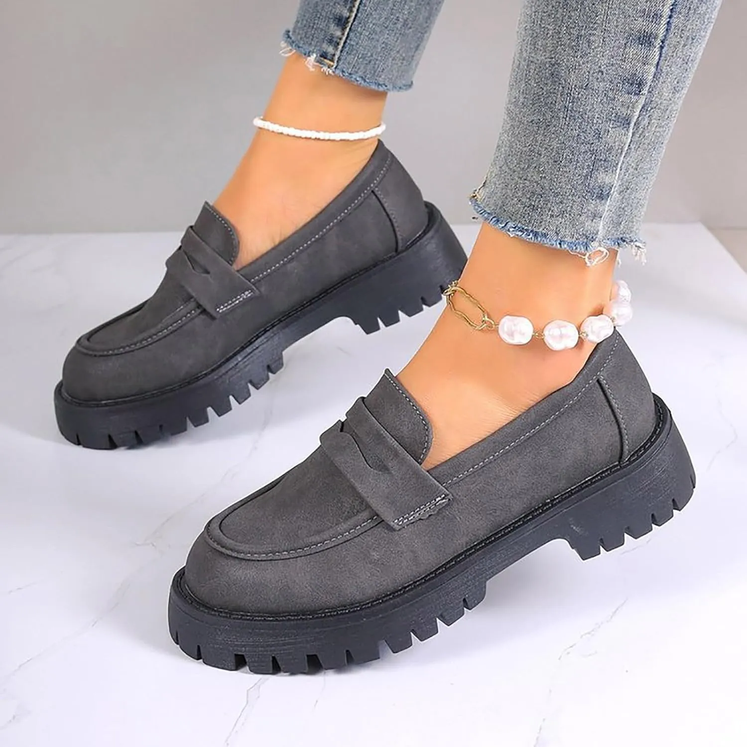 Womens Loafers Comfortable Dressy 2025 Platform Loafers for Women Suede Penny Loafers Lug Sole Casual Slip-Ons Work Business Casual Shoes Women