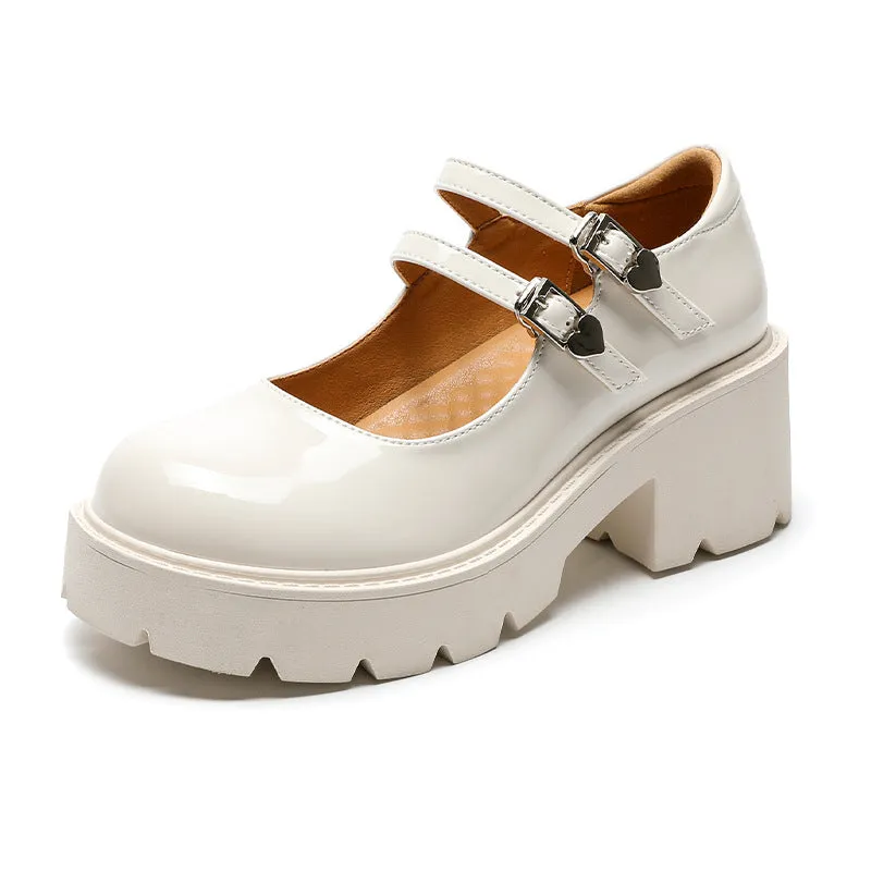 Womens Platform Mary Jane Shoes Double Buckle Heels