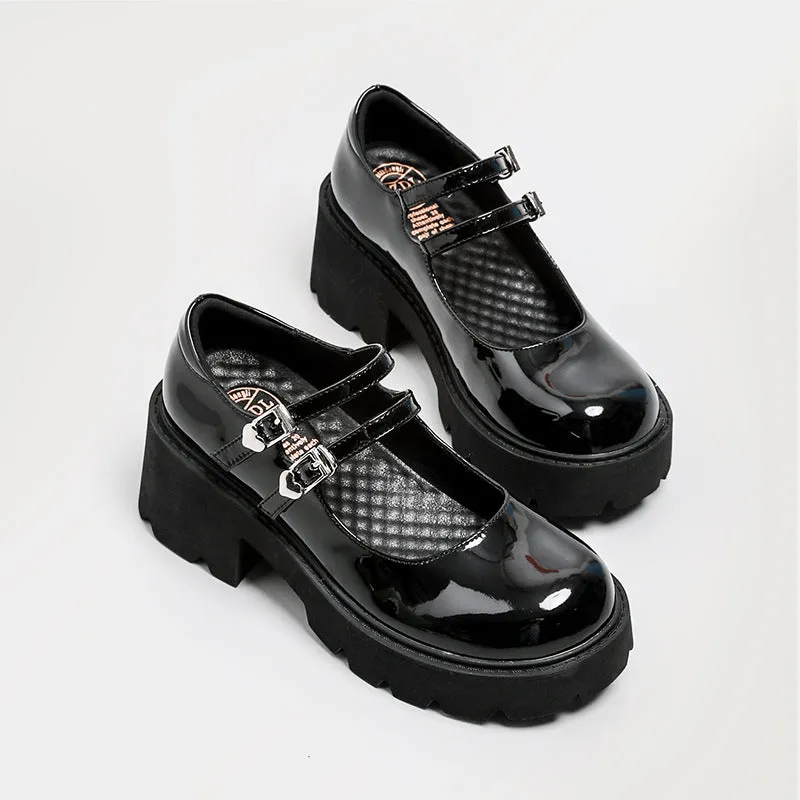 Womens Platform Mary Jane Shoes Double Buckle Heels