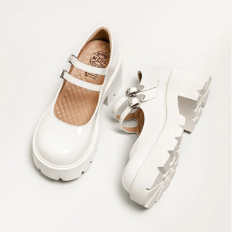 Womens Platform Mary Jane Shoes Double Buckle Heels