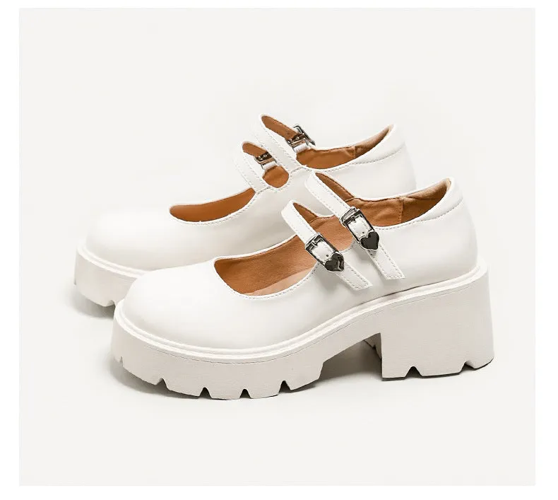 Womens Platform Mary Jane Shoes Double Buckle Heels