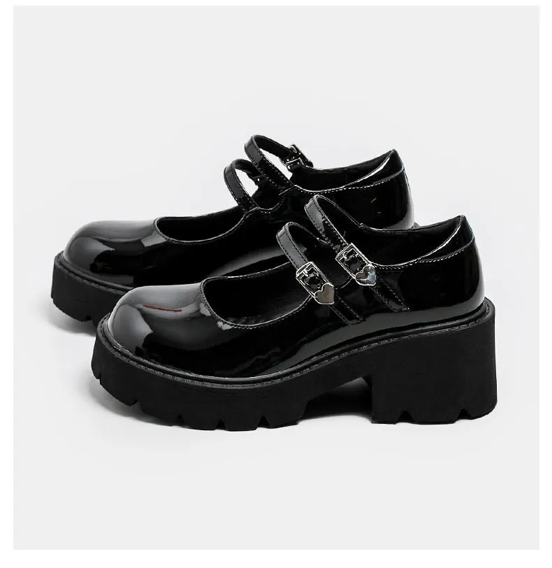 Womens Platform Mary Jane Shoes Double Buckle Heels