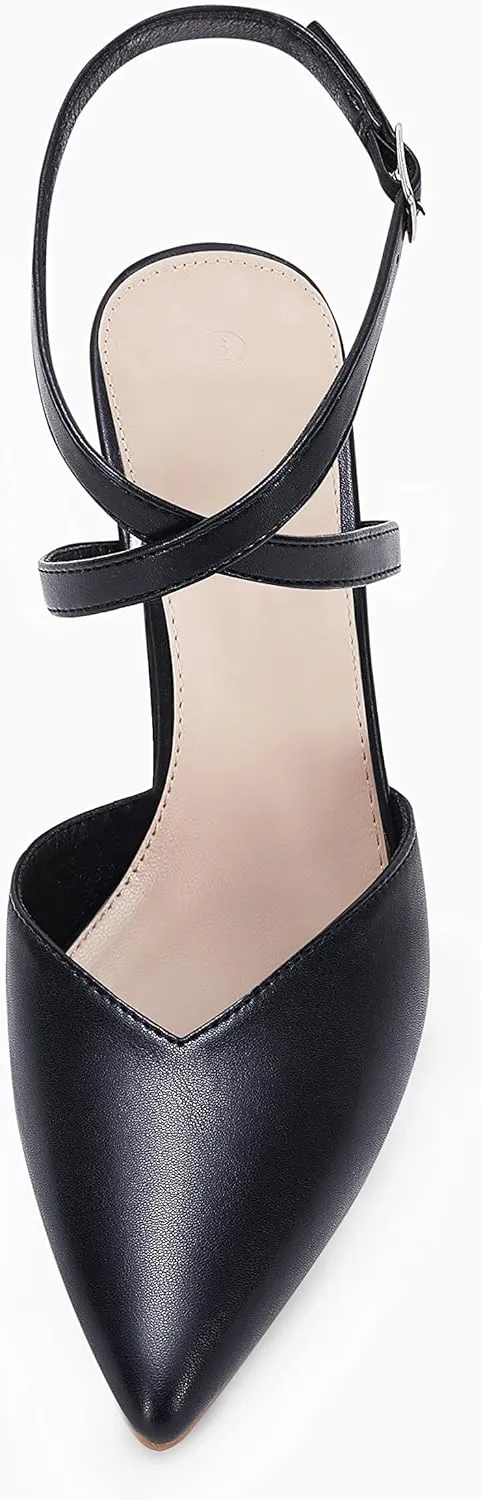 Womens Slingback Closed Pointed Toe Heels Strappy Block Chunky Heel Office Bridal Pumps Shoe