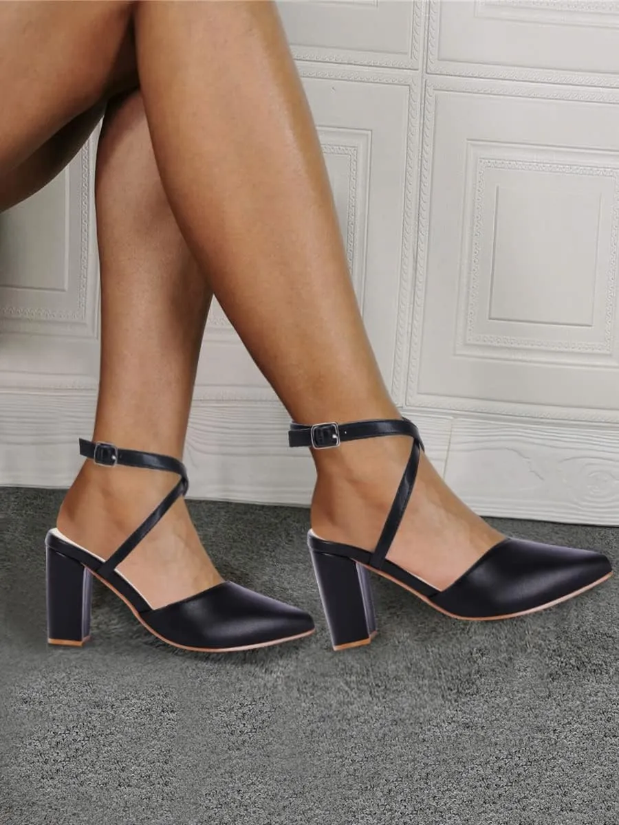 Womens Slingback Closed Pointed Toe Heels Strappy Block Chunky Heel Office Bridal Pumps Shoe