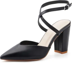 Womens Slingback Closed Pointed Toe Heels Strappy Block Chunky Heel Office Bridal Pumps Shoe