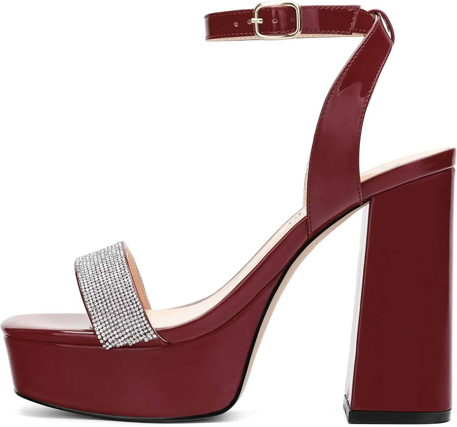Women's Square Toe Rhinestone Crystal Platform Heels Sandals Ankle Strap Block Chunky Heel Dress Party High Heeled Pumps Shoes