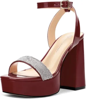 Women's Square Toe Rhinestone Crystal Platform Heels Sandals Ankle Strap Block Chunky Heel Dress Party High Heeled Pumps Shoes