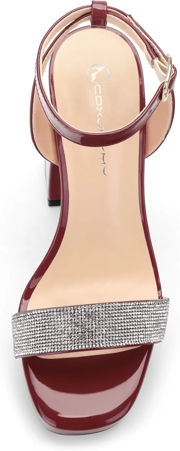 Women's Square Toe Rhinestone Crystal Platform Heels Sandals Ankle Strap Block Chunky Heel Dress Party High Heeled Pumps Shoes