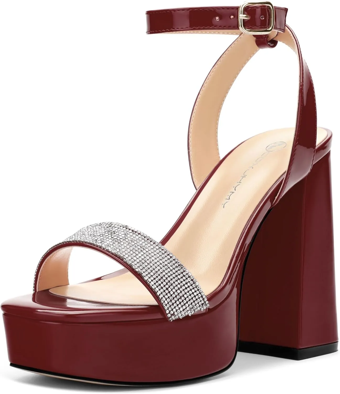 Women's Square Toe Rhinestone Crystal Platform Heels Sandals Ankle Strap Block Chunky Heel Dress Party High Heeled Pumps Shoes