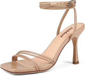 Women's Strappy High Heels Square Open Toe Stilettos Heeled Sandals with Ankle Strap for Prom Party Daily Wedding Wear