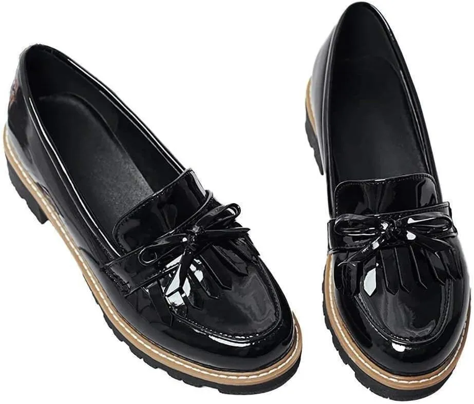 Womens Tassel Penny Loafers Black Patent Leather Low Heels Slip On Footwear Pumps Shoes