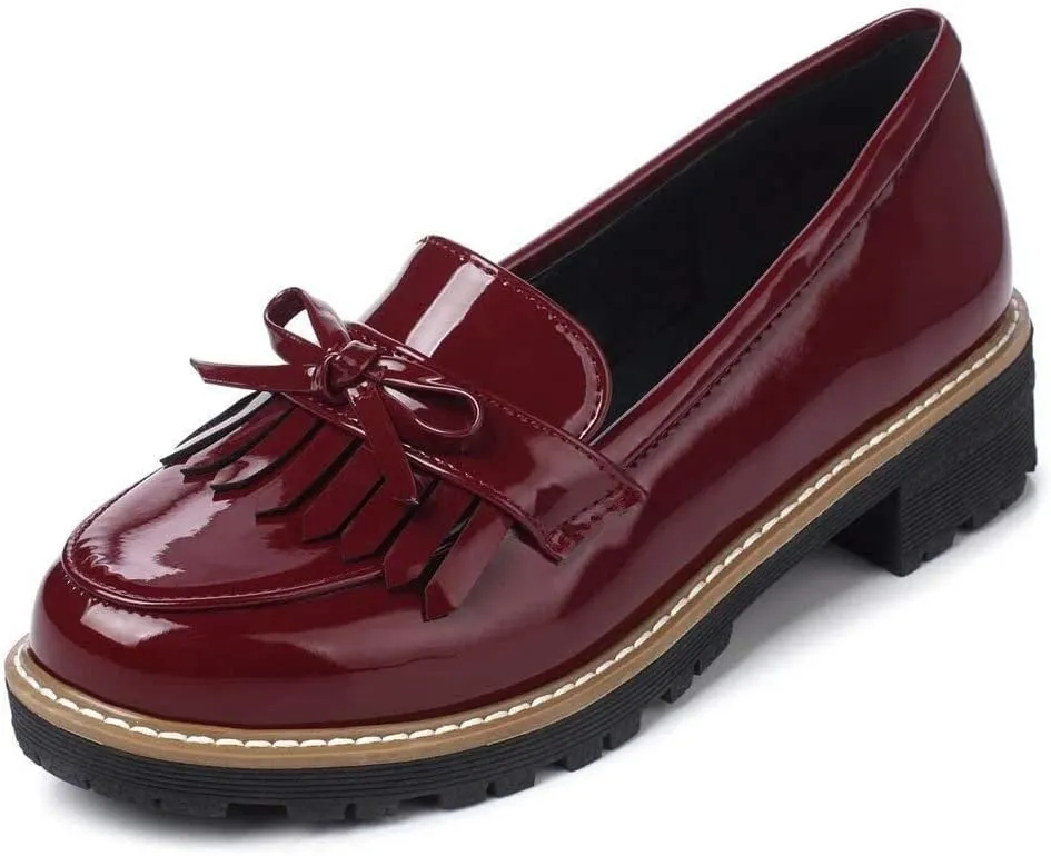 Womens Tassel Penny Loafers Black Patent Leather Low Heels Slip On Footwear Pumps Shoes