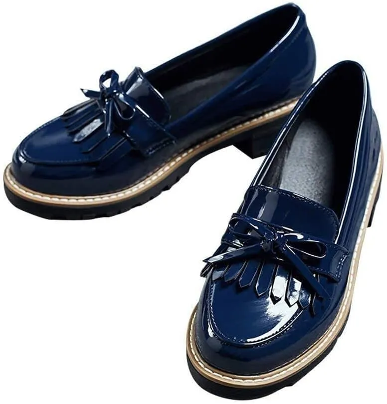 Womens Tassel Penny Loafers Black Patent Leather Low Heels Slip On Footwear Pumps Shoes