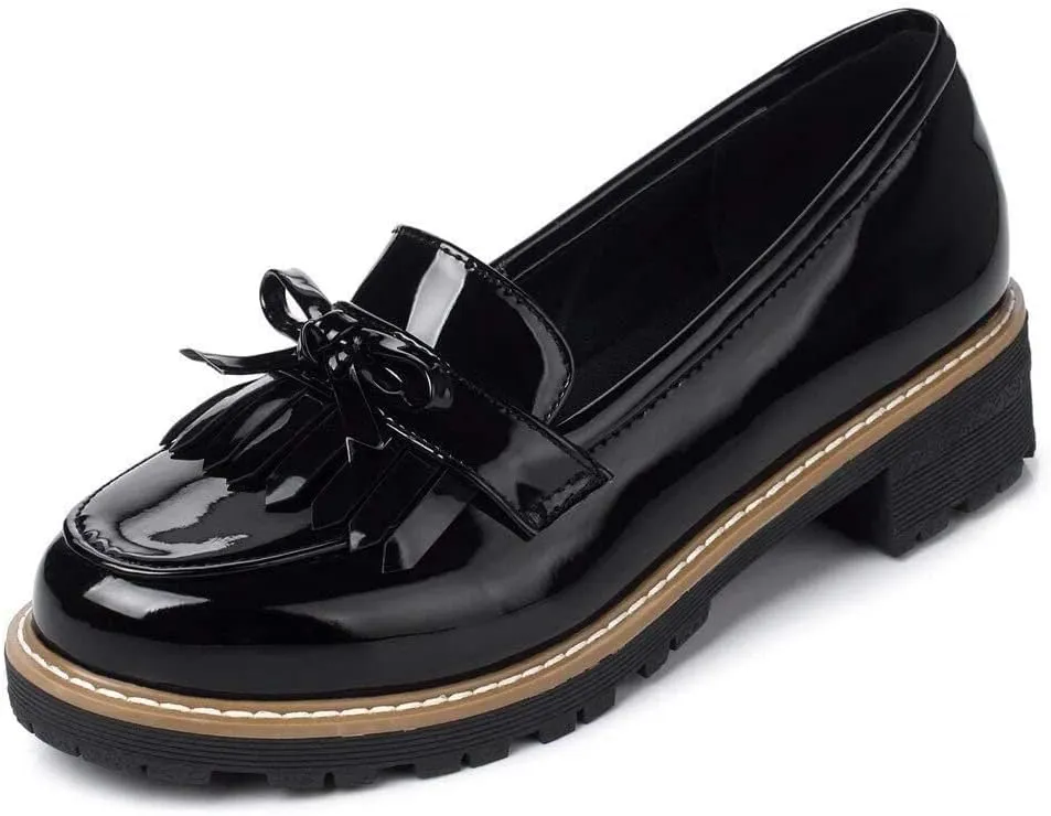 Womens Tassel Penny Loafers Black Patent Leather Low Heels Slip On Footwear Pumps Shoes