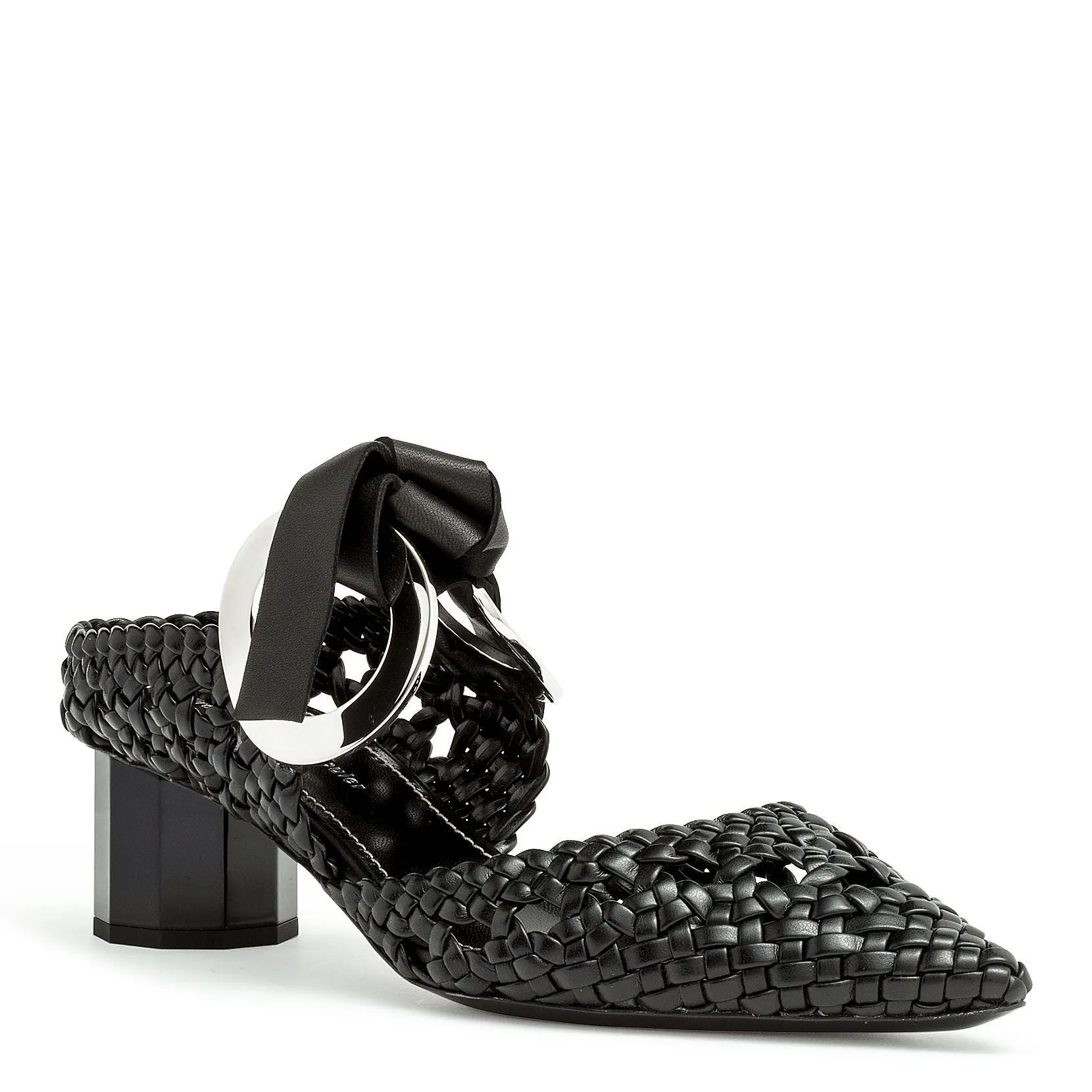Woven Grommet block heel mules