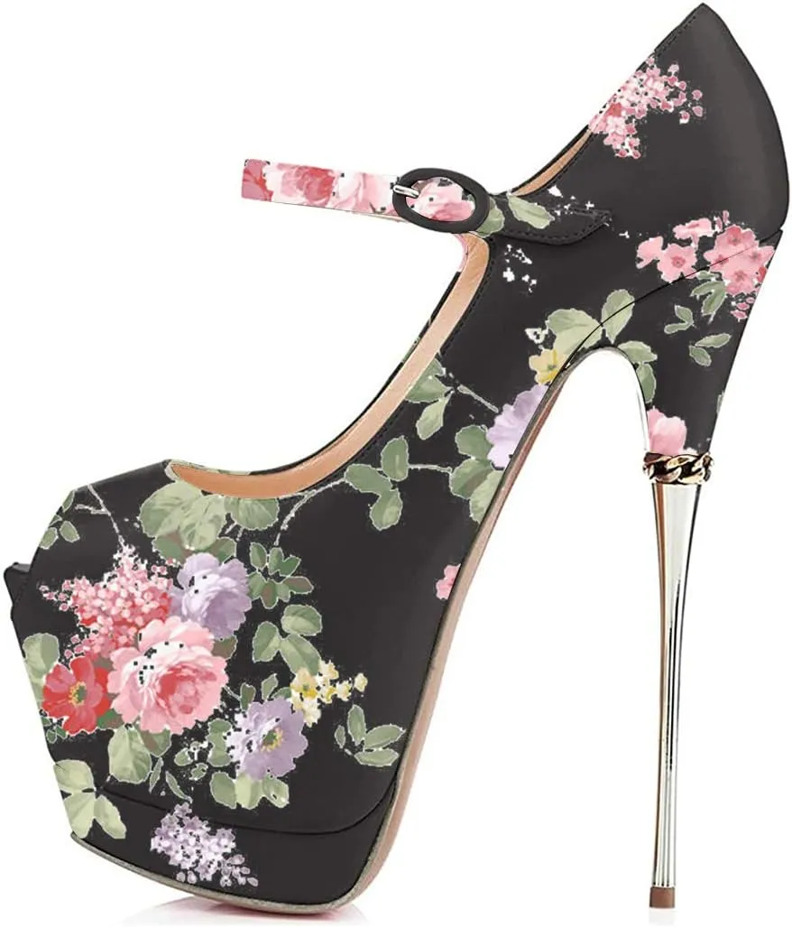 YDN Women's Peep Toe Sky High Heels Platform Pumps Ankle Straps Shoes Metal Stilettos Size 4-15 US