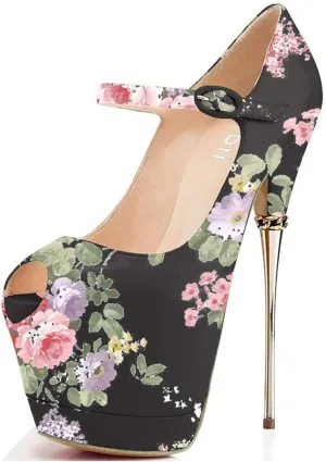 YDN Women's Peep Toe Sky High Heels Platform Pumps Ankle Straps Shoes Metal Stilettos Size 4-15 US