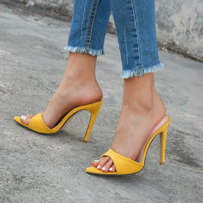 Yellow Pointed Toe Stiletto Mules