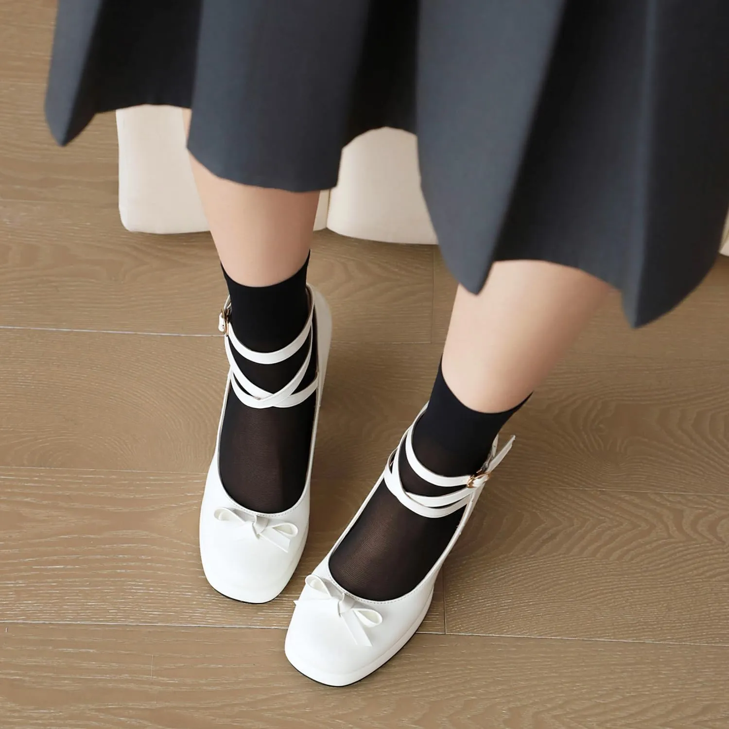 YIYA Women's Platform Mary Jane Shoes Pumps Heels Bow Lolita Platform Chunky Block High Heels Close Round Toe Ankle Buckle Strappy Cute Party Dress Shoes