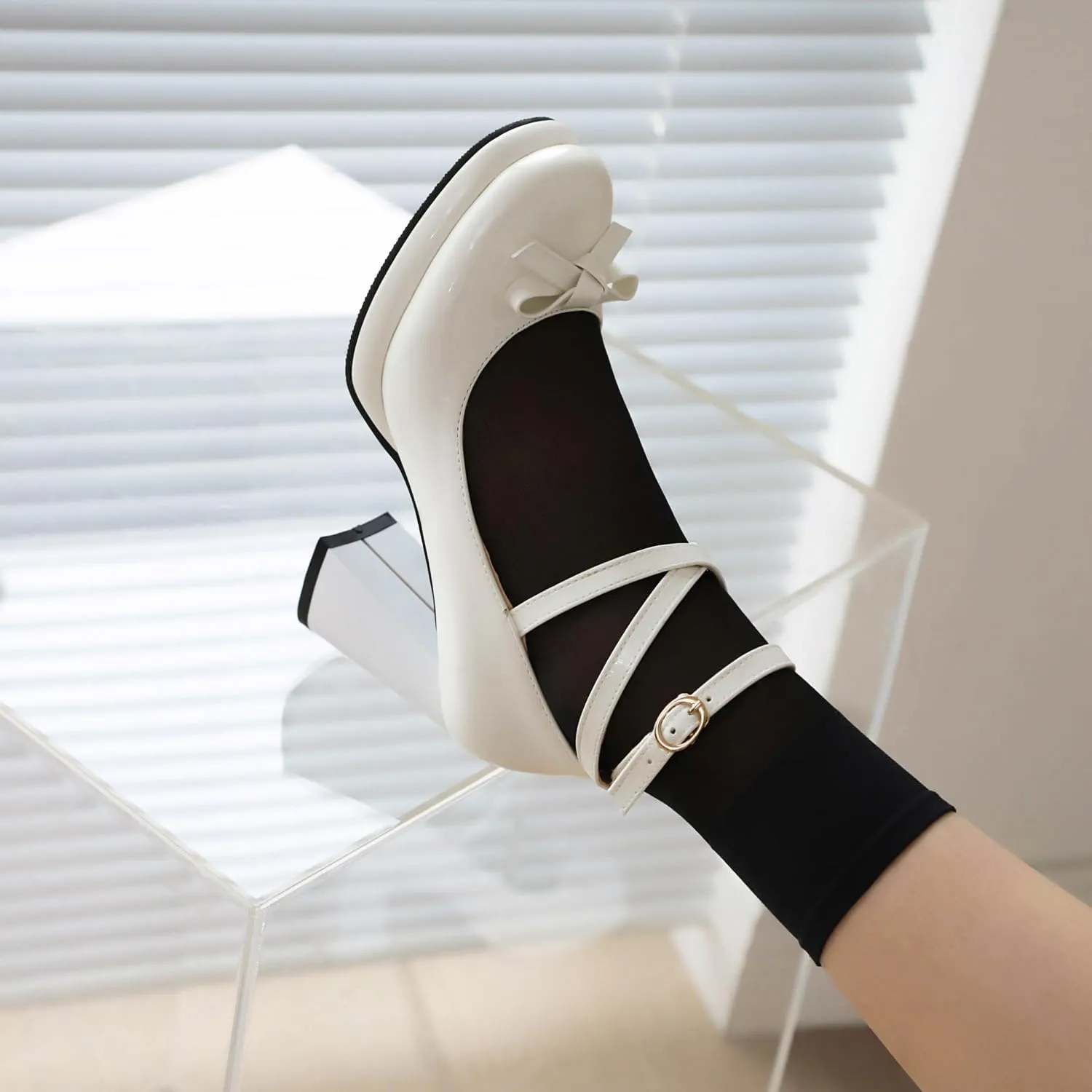 YIYA Women's Platform Mary Jane Shoes Pumps Heels Bow Lolita Platform Chunky Block High Heels Close Round Toe Ankle Buckle Strappy Cute Party Dress Shoes