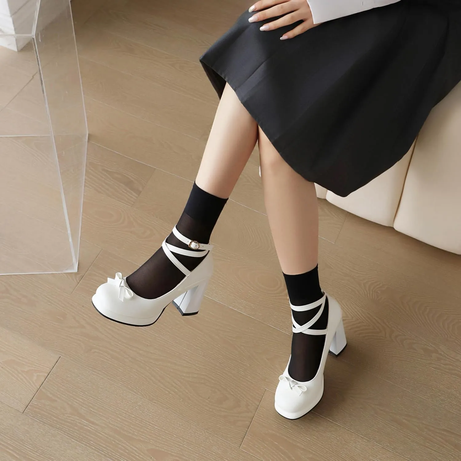 YIYA Women's Platform Mary Jane Shoes Pumps Heels Bow Lolita Platform Chunky Block High Heels Close Round Toe Ankle Buckle Strappy Cute Party Dress Shoes