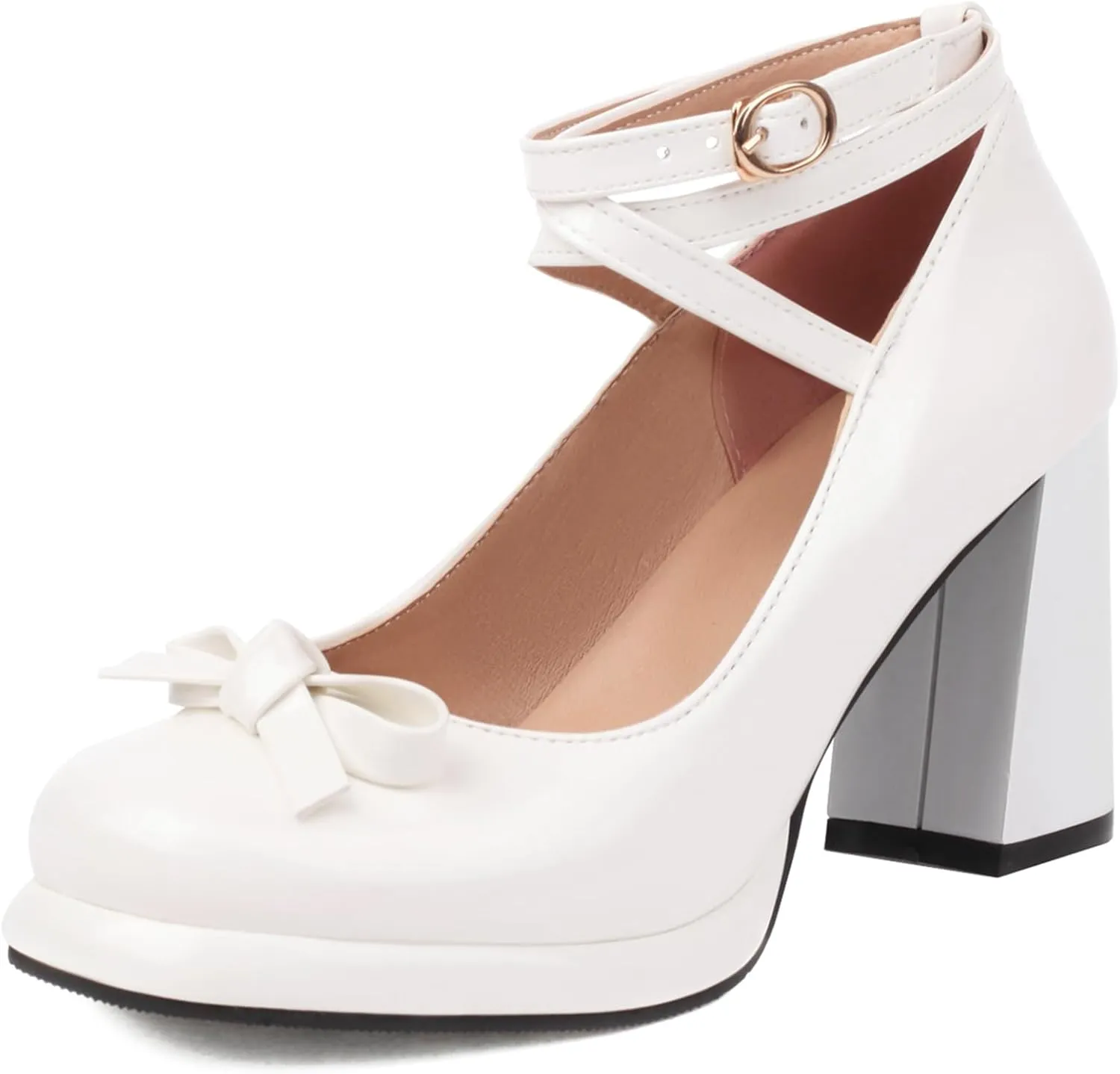 YIYA Women's Platform Mary Jane Shoes Pumps Heels Bow Lolita Platform Chunky Block High Heels Close Round Toe Ankle Buckle Strappy Cute Party Dress Shoes