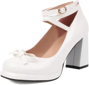 YIYA Women's Platform Mary Jane Shoes Pumps Heels Bow Lolita Platform Chunky Block High Heels Close Round Toe Ankle Buckle Strappy Cute Party Dress Shoes