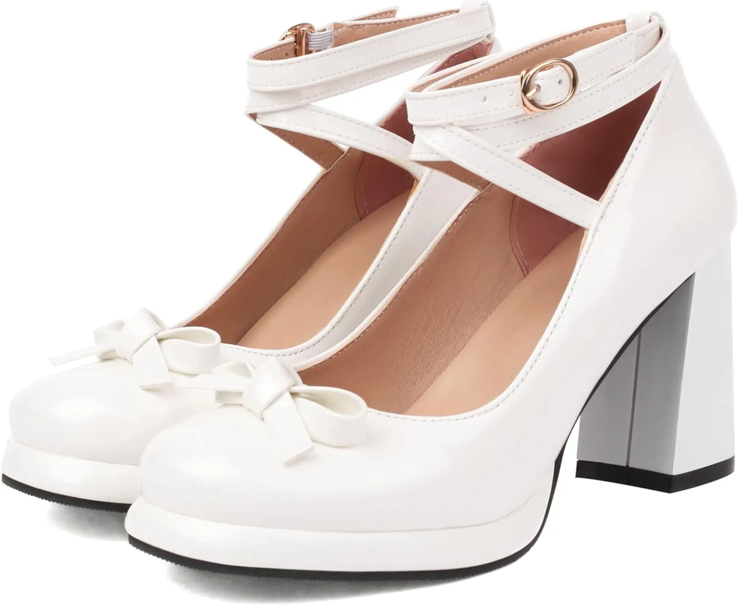 YIYA Women's Platform Mary Jane Shoes Pumps Heels Bow Lolita Platform Chunky Block High Heels Close Round Toe Ankle Buckle Strappy Cute Party Dress Shoes