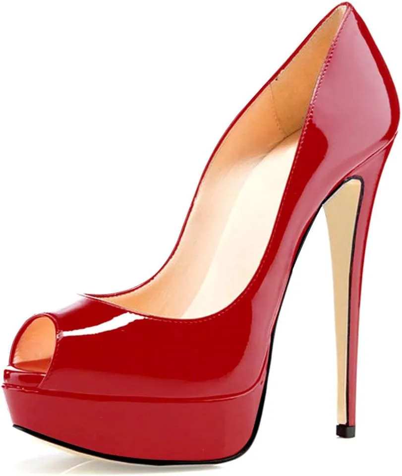 YODEKS High Heel Platform Pumps Women's Peep Toe 5.9 inch Stiletto Slip On Party Heeled Pumps Sandals Patent Leather Wedding Dress Shoes